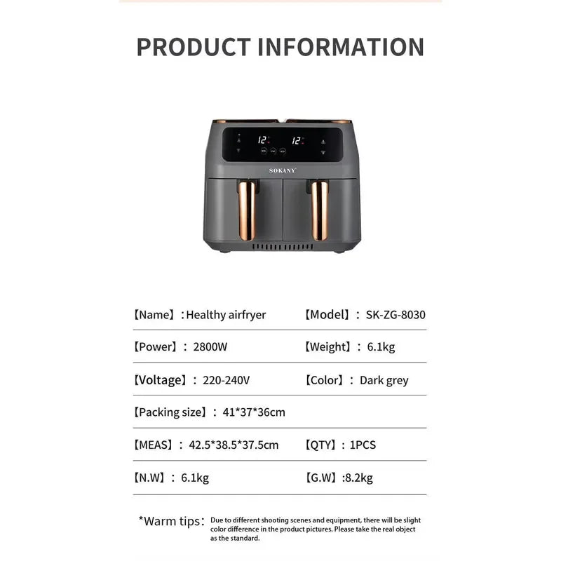 Electric Dual Chamber Air Fryer Home Use Automatic Multi Function 6L Large Capacity Dual Basket Oven For Baking And Frying