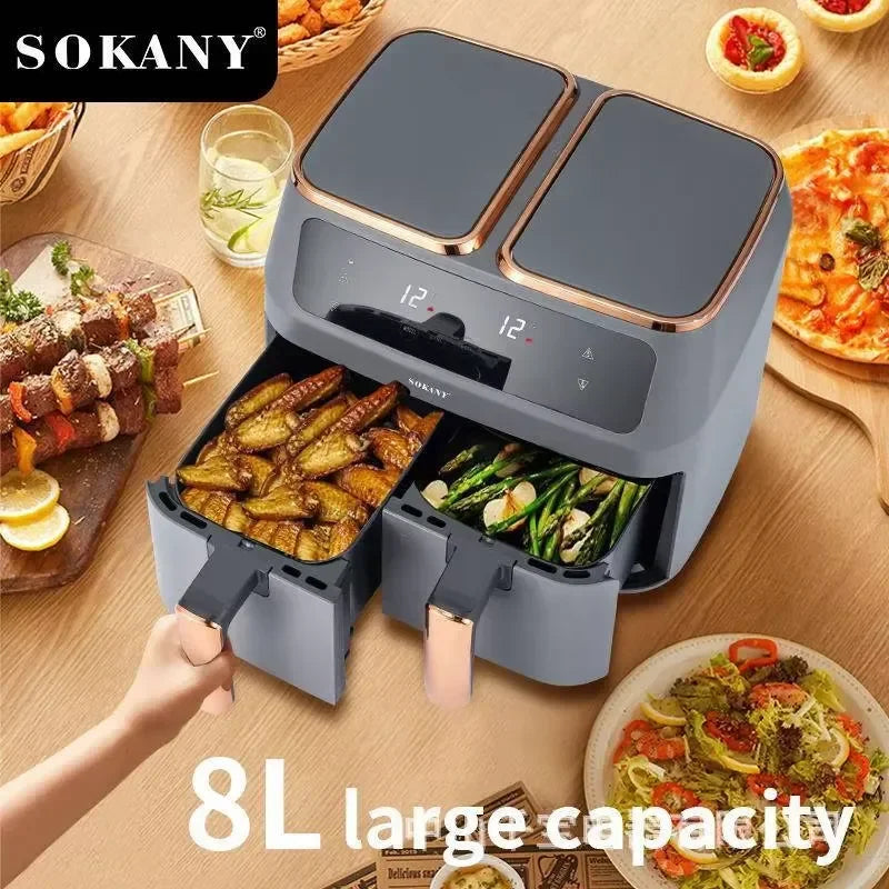 Electric Dual Chamber Air Fryer Home Use Automatic Multi Function 6L Large Capacity Dual Basket Oven For Baking And Frying